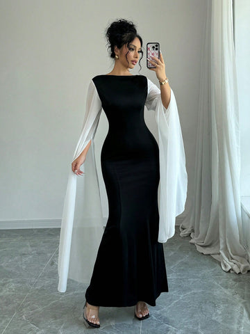 Monochrome Drape Sleeves Long Dress